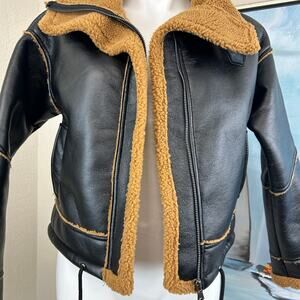Birch & Stone Jacket Aviator-style black faux leather faux shearling Size small